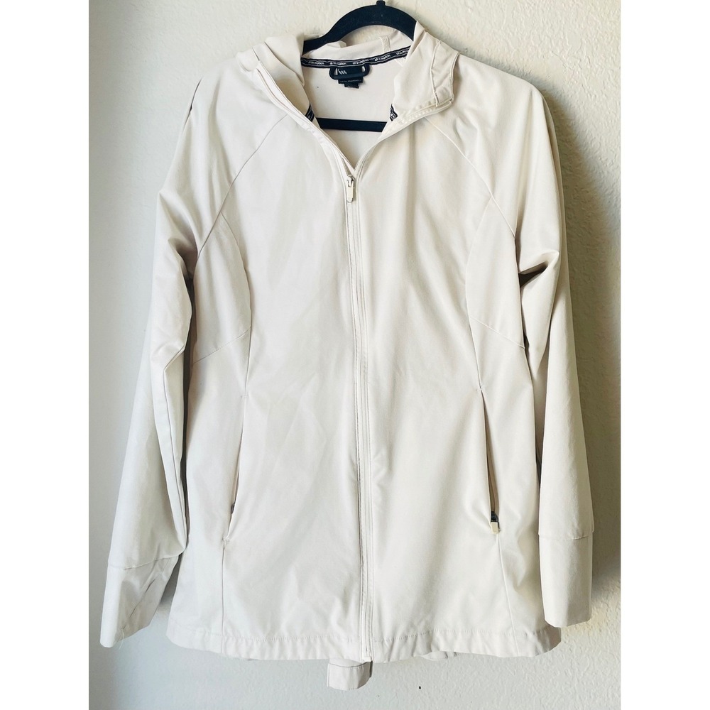 All in Motion Womens Cream Hooded Windbreaker Jacket Thumbhole Cuffs Off-Cream